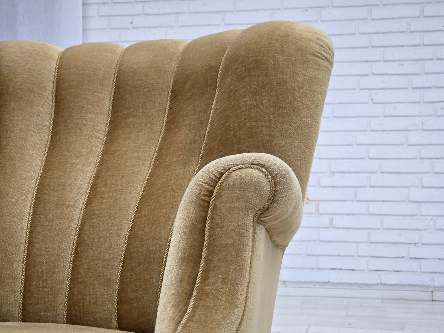 1960s, Danish armchair, green furniture velour, oak wood.
