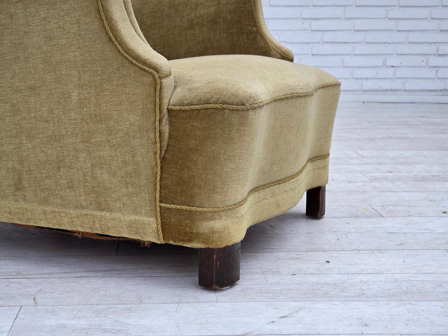1960s, Danish armchair, green furniture velour, oak wood.