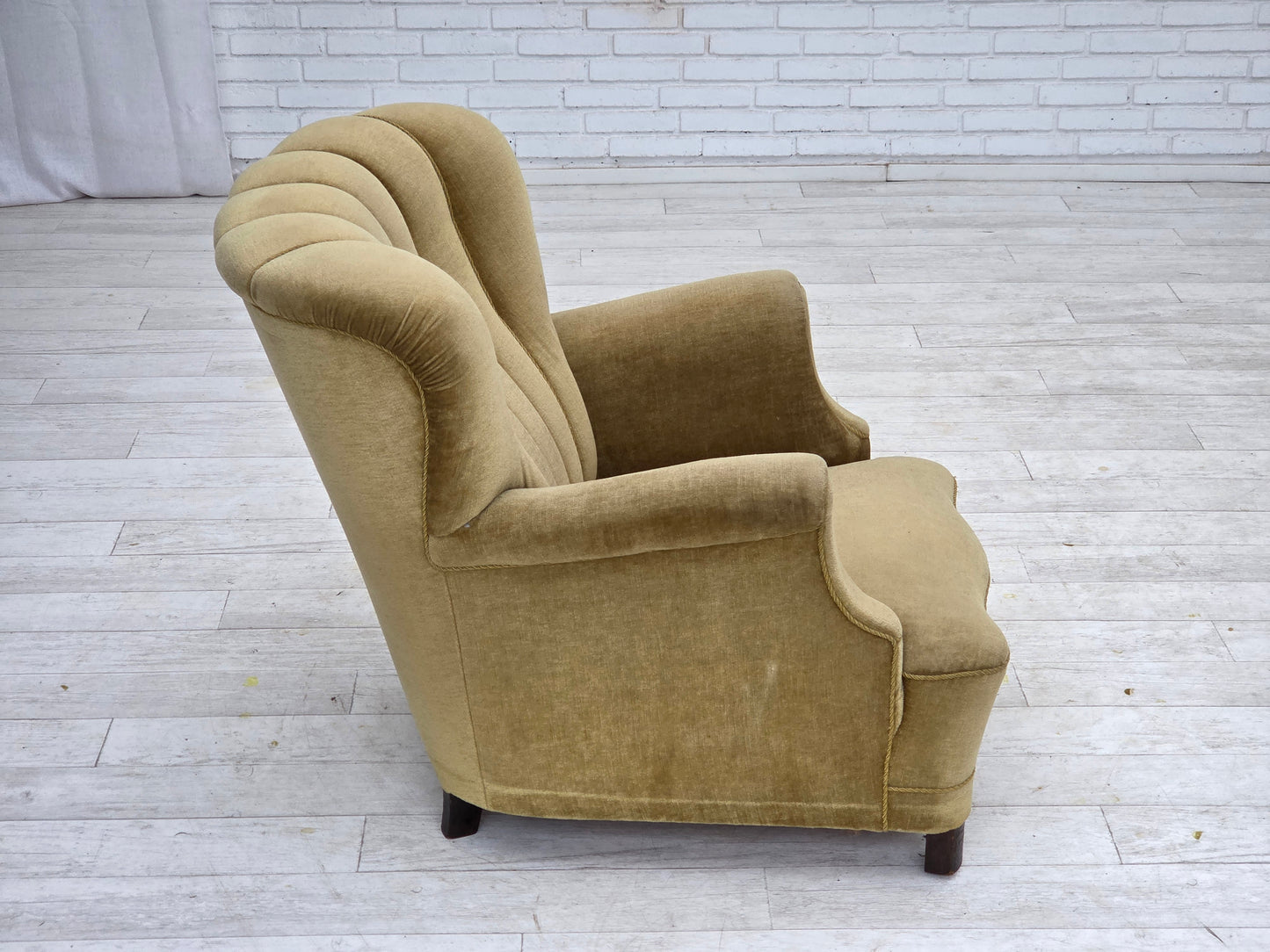 1960s, Danish armchair, green furniture velour, oak wood.