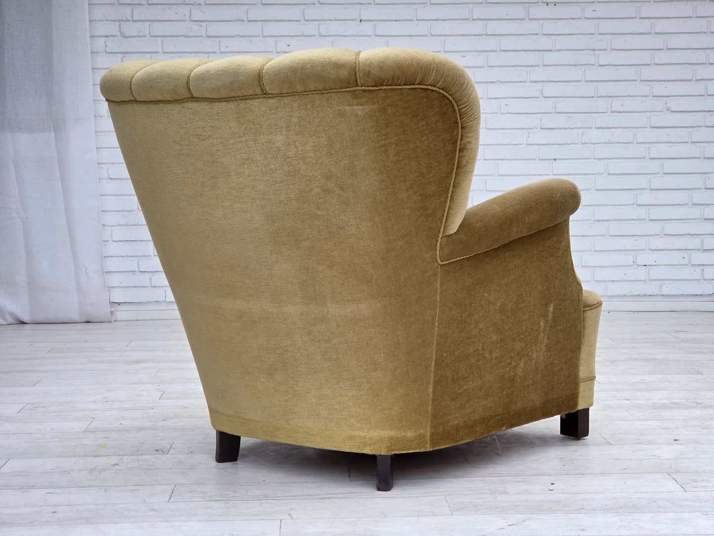 1960s, Danish armchair, green furniture velour, oak wood.
