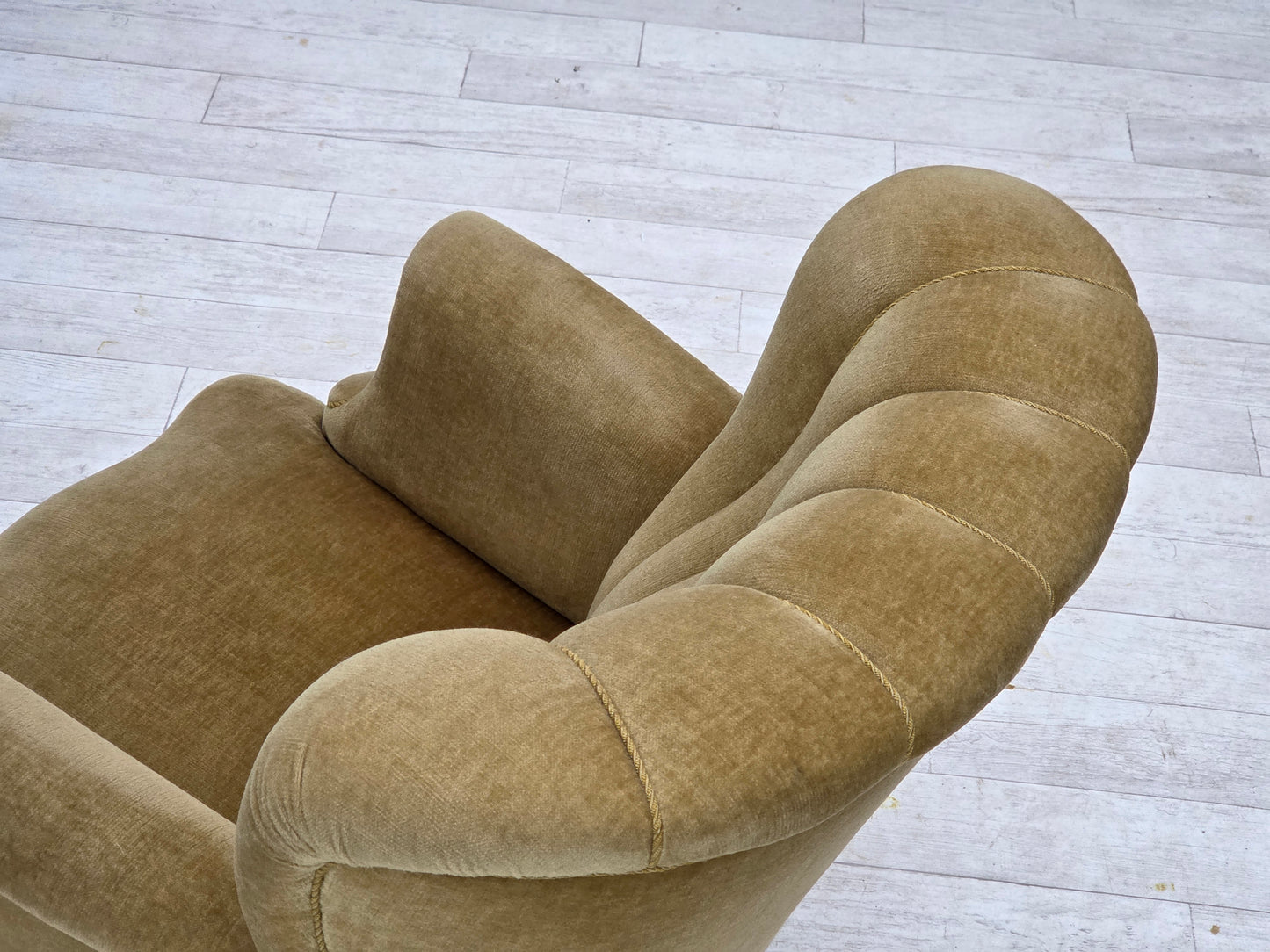 1960s, Danish armchair, green furniture velour, oak wood.