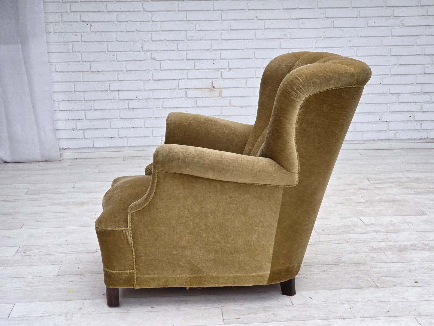 1960s, Danish armchair, green furniture velour, oak wood.