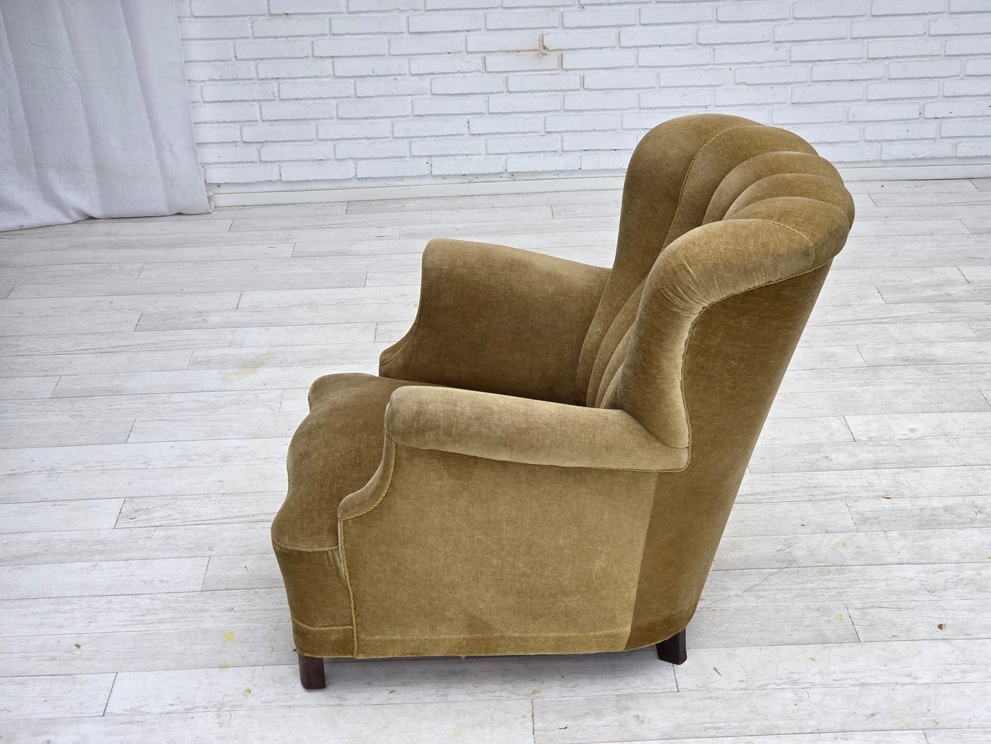 1960s, Danish armchair, green furniture velour, oak wood.