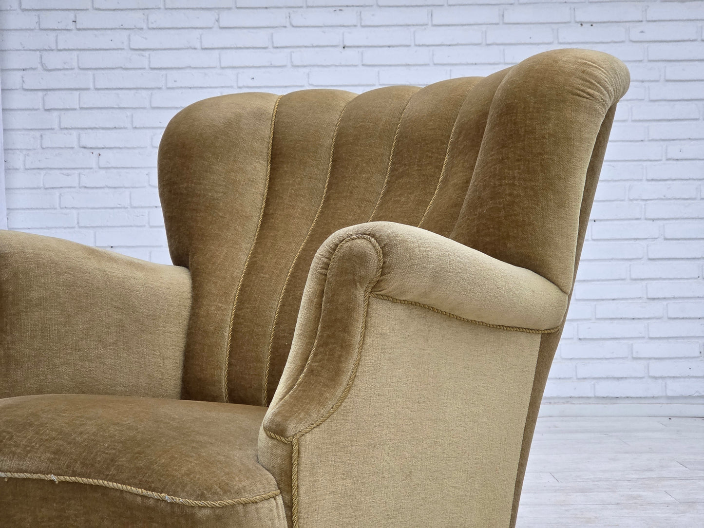 1960s, Danish armchair, green furniture velour, oak wood.