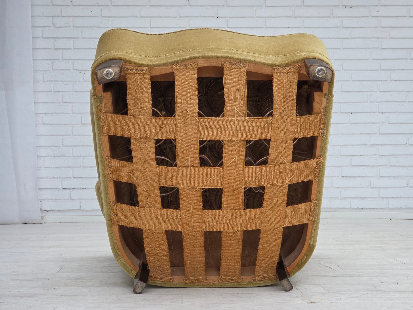 1960s, Danish armchair, green furniture velour, oak wood.