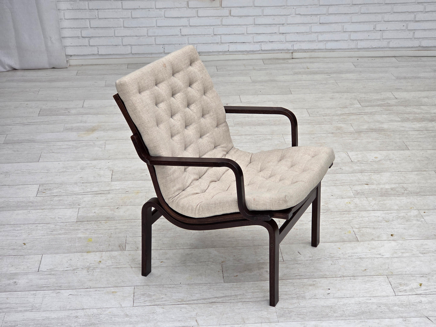 1970s, Scandinavian armchair, furniture wool, dark beech wood.