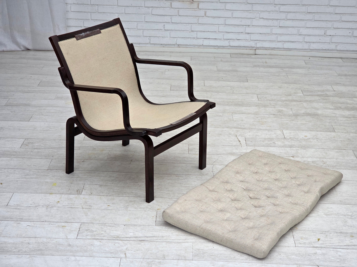 1970s, Scandinavian armchair, furniture wool, dark beech wood.
