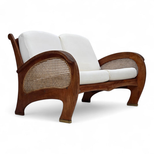 1970s, Danish 2-seater sofa by Klaus Wettergren, cotton fabric, furniture mesh, teak wood.