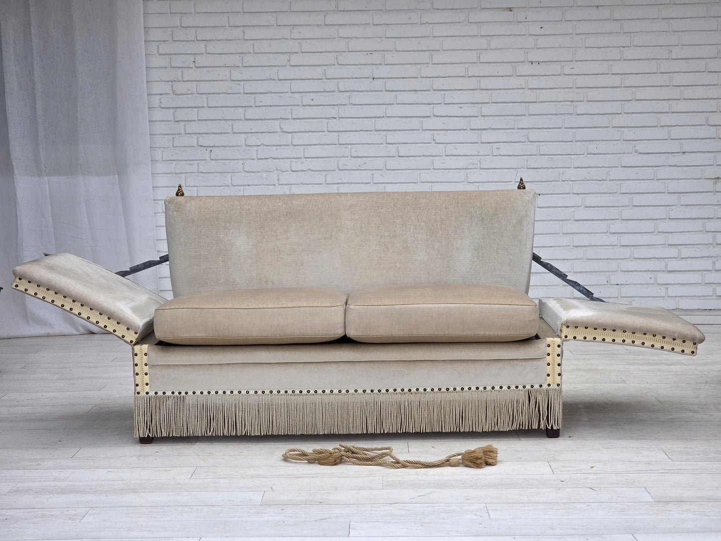 1970s, Danish 2-seater drop arm "Spanish" sofa, furniture velour.