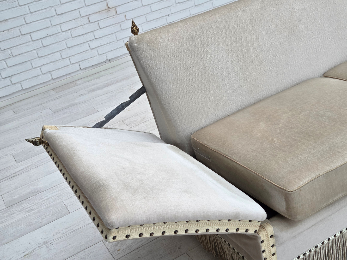 1970s, Danish 2-seater drop arm "Spanish" sofa, furniture velour.