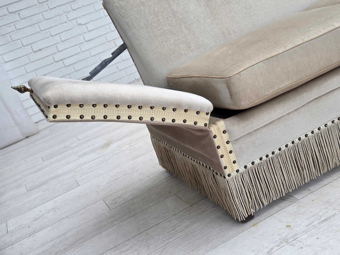 1970s, Danish 2-seater drop arm "Spanish" sofa, furniture velour.