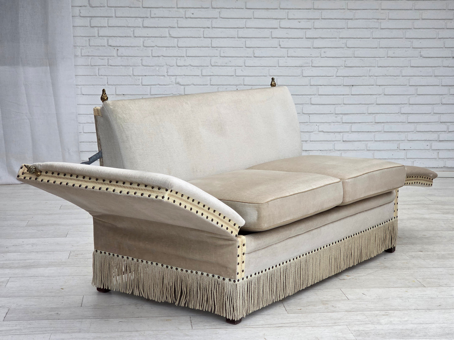 1970s, Danish 2-seater drop arm "Spanish" sofa, furniture velour.