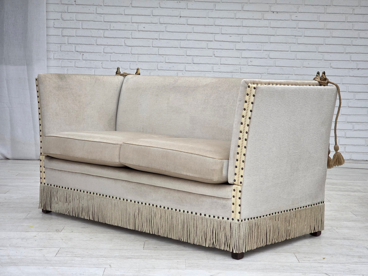 1970s, Danish 2-seater drop arm "Spanish" sofa, furniture velour.