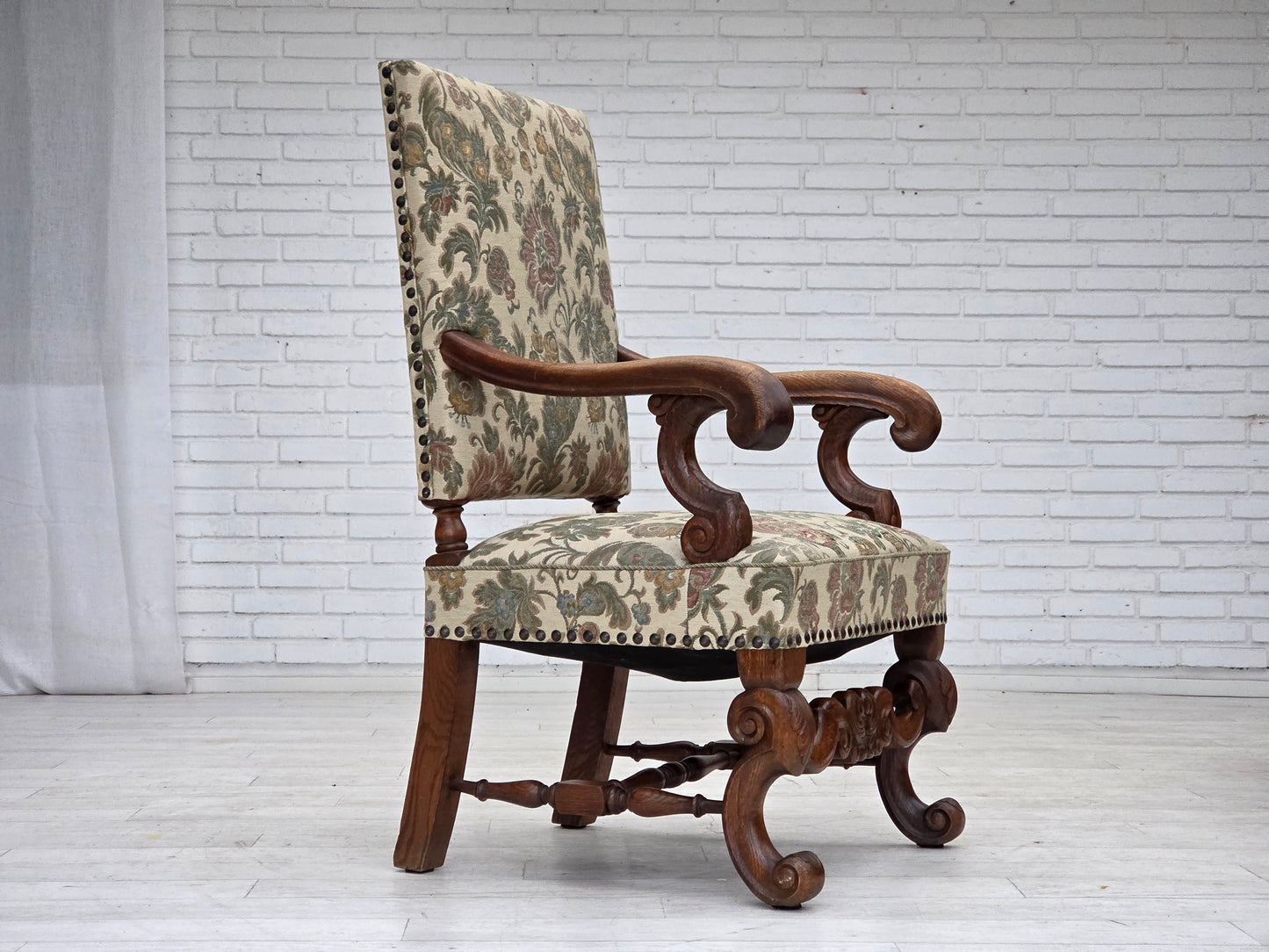 1950s, Scandinavian highback armchair, furniture fabric, hand carved oak wood.