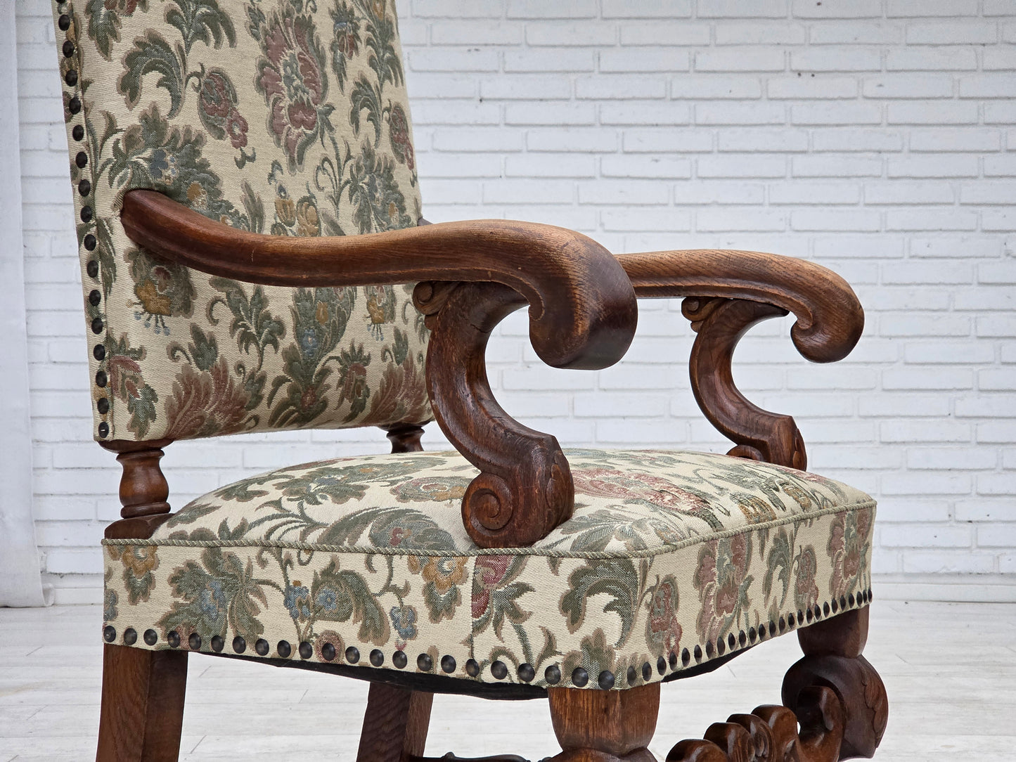 1950s, Scandinavian highback armchair, furniture fabric, hand carved oak wood.