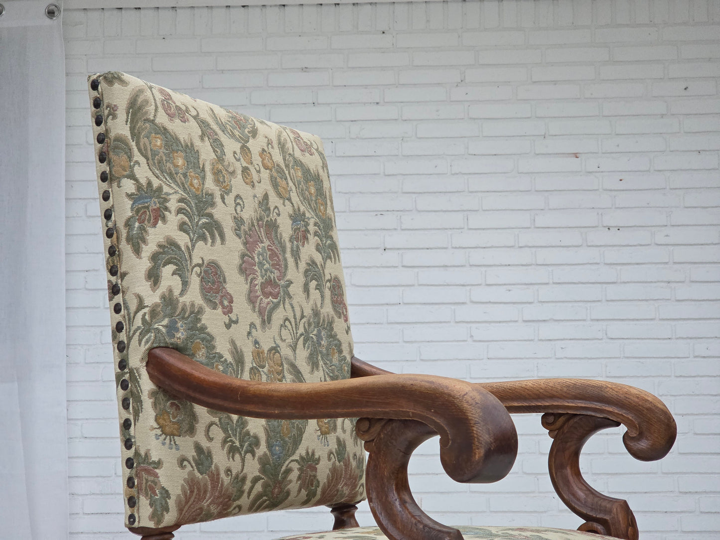 1950s, Scandinavian highback armchair, furniture fabric, hand carved oak wood.
