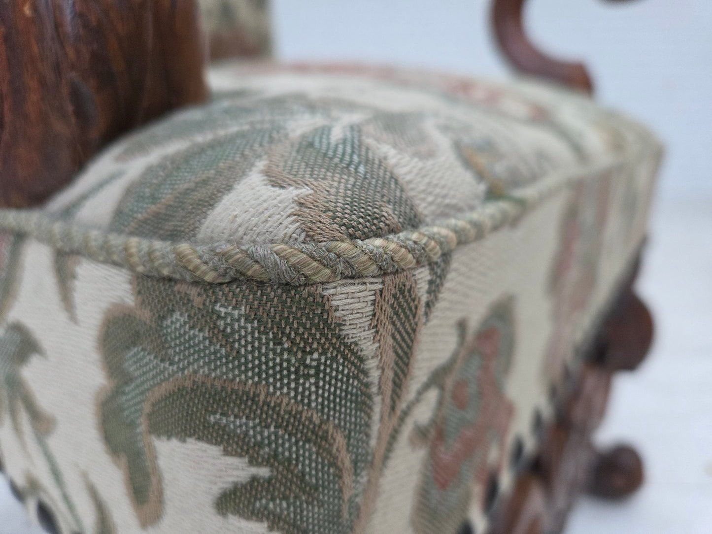 1950s, Scandinavian highback armchair, furniture fabric, hand carved oak wood.