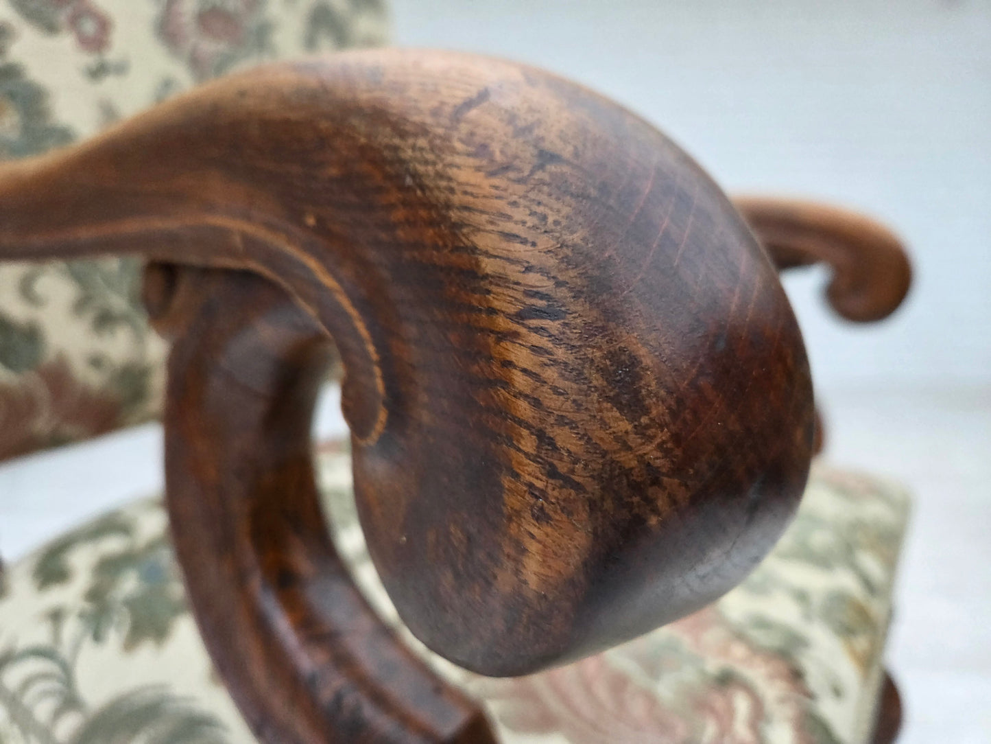1950s, Scandinavian highback armchair, furniture fabric, hand carved oak wood.