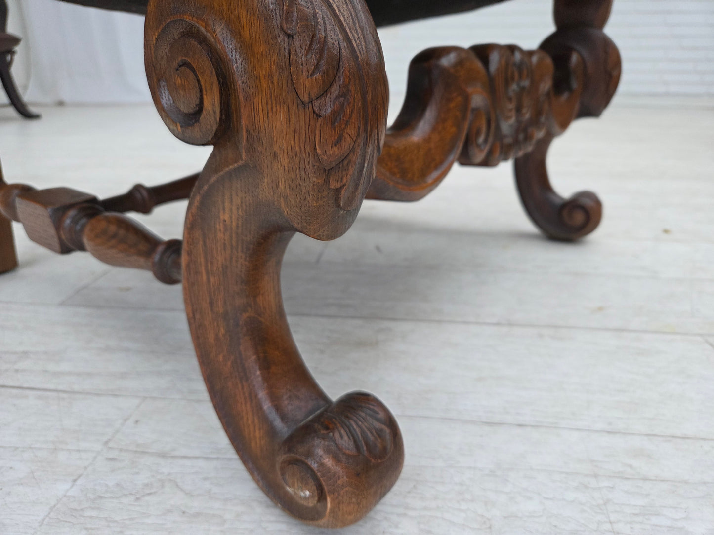 1950s, Scandinavian highback armchair, furniture fabric, hand carved oak wood.