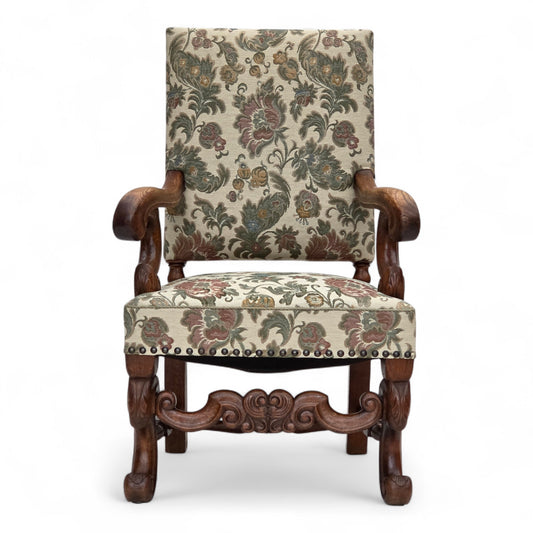 1950s, Scandinavian highback armchair, furniture fabric, hand carved oak wood.