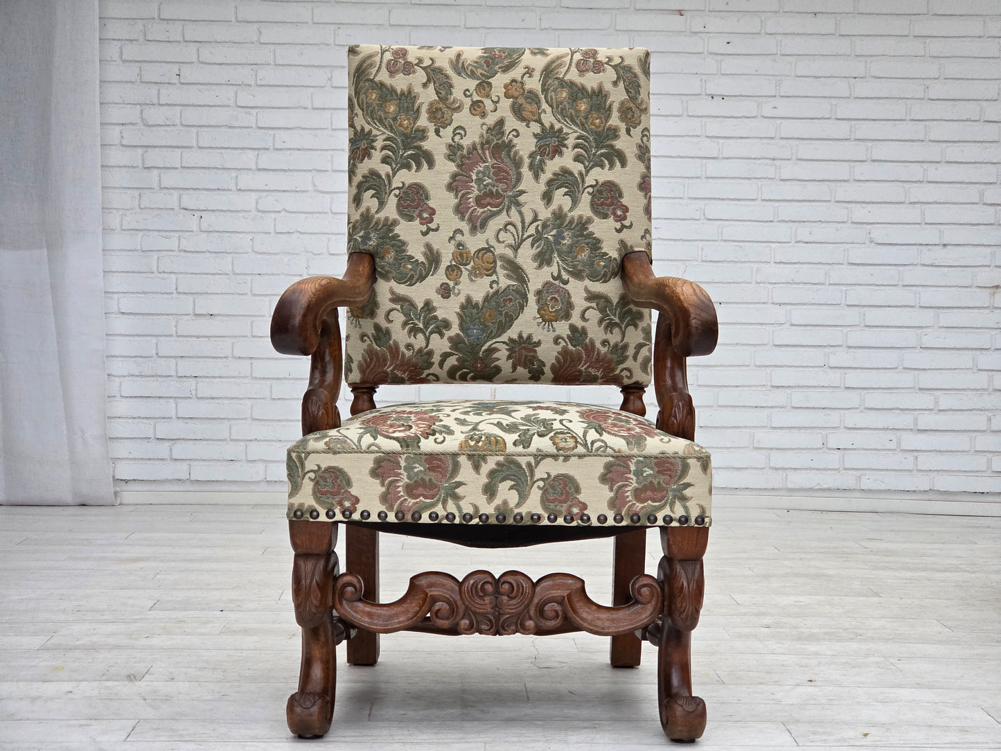 1950s, Scandinavian highback armchair, furniture fabric, hand carved oak wood.