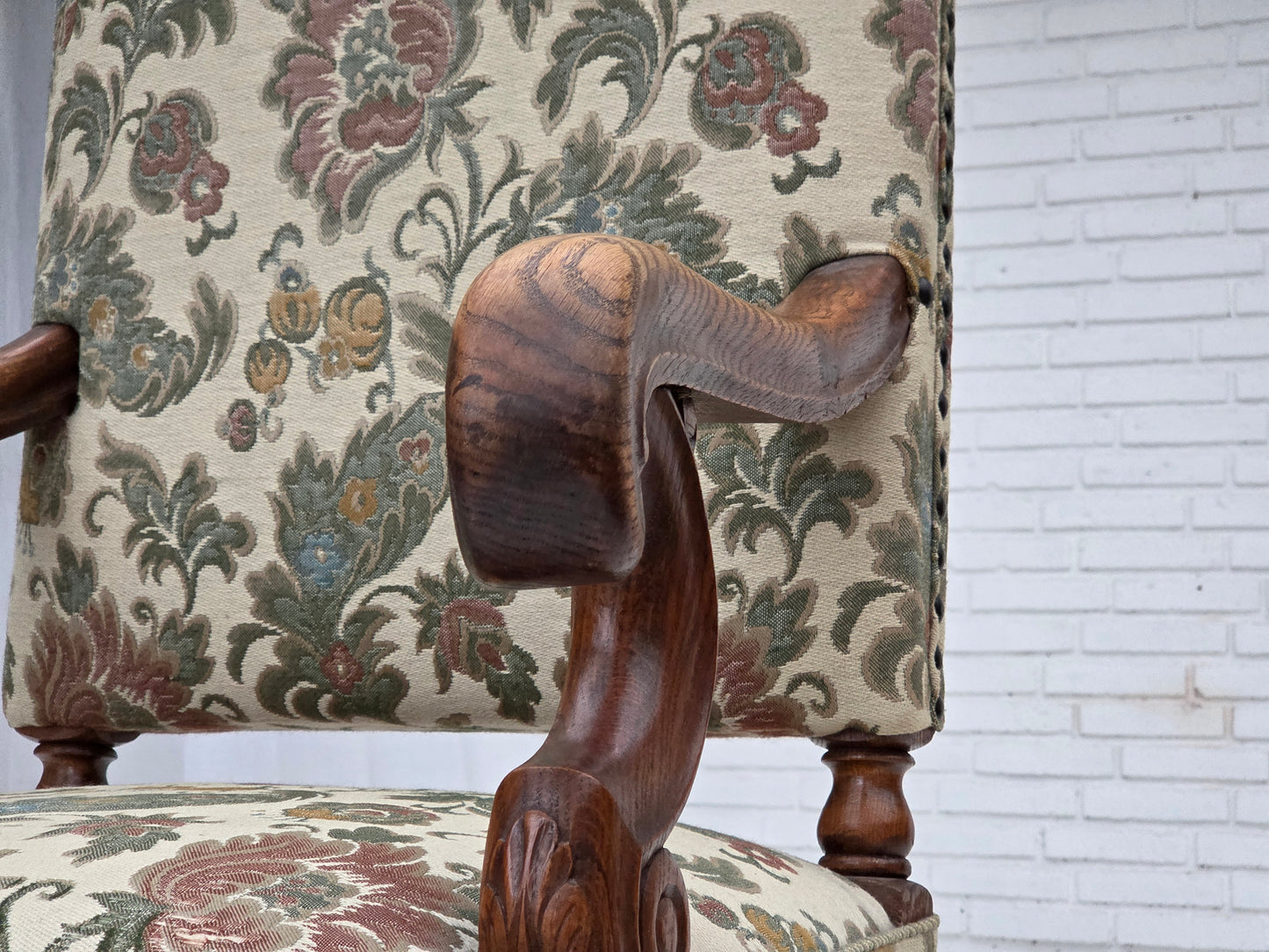 1950s, Scandinavian highback armchair, furniture fabric, hand carved oak wood.