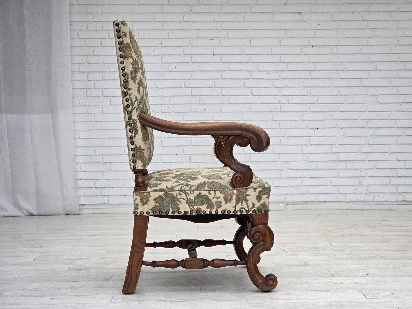 1950s, Scandinavian highback armchair, furniture fabric, hand carved oak wood.