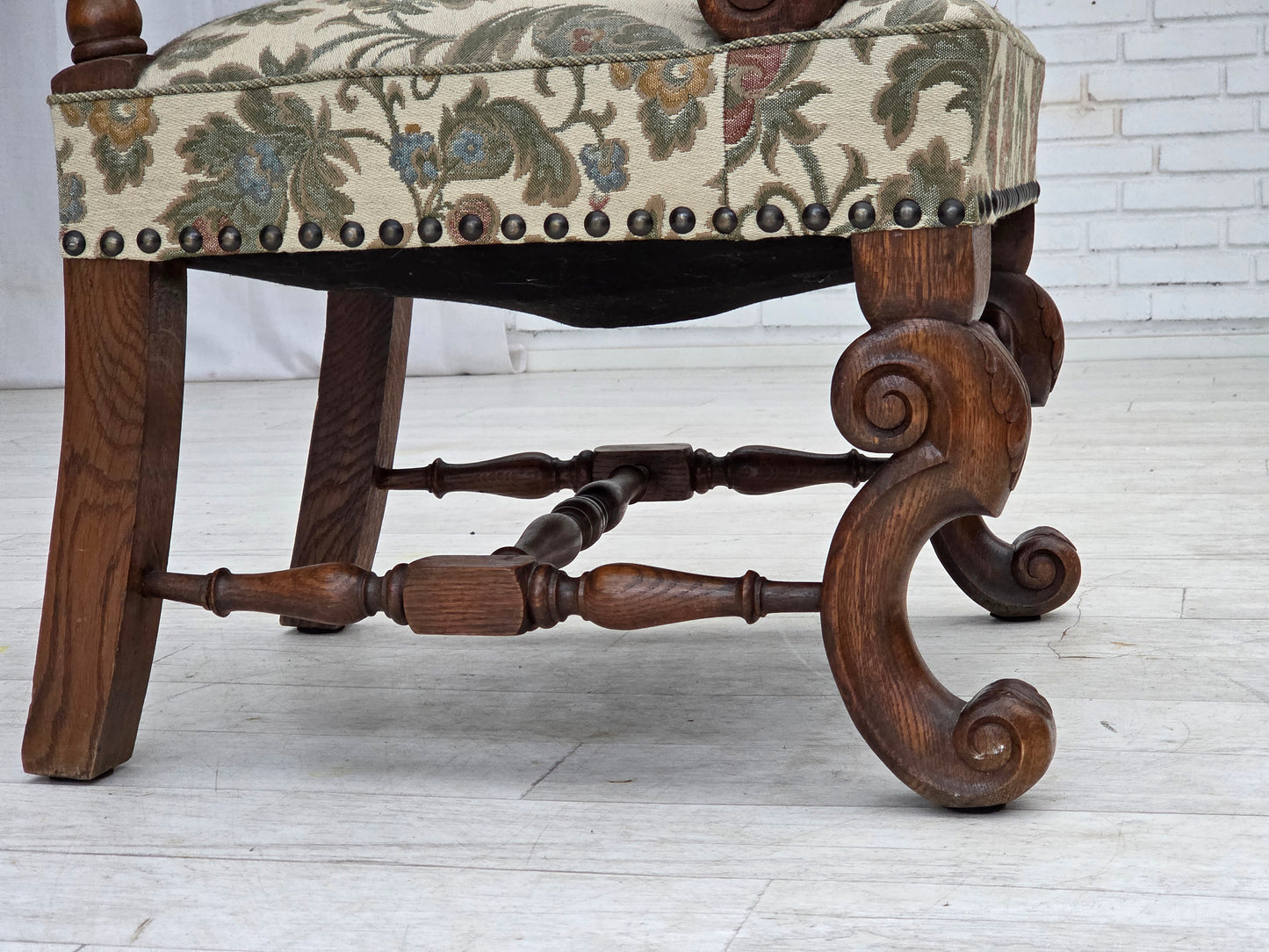 1950s, Scandinavian highback armchair, furniture fabric, hand carved oak wood.