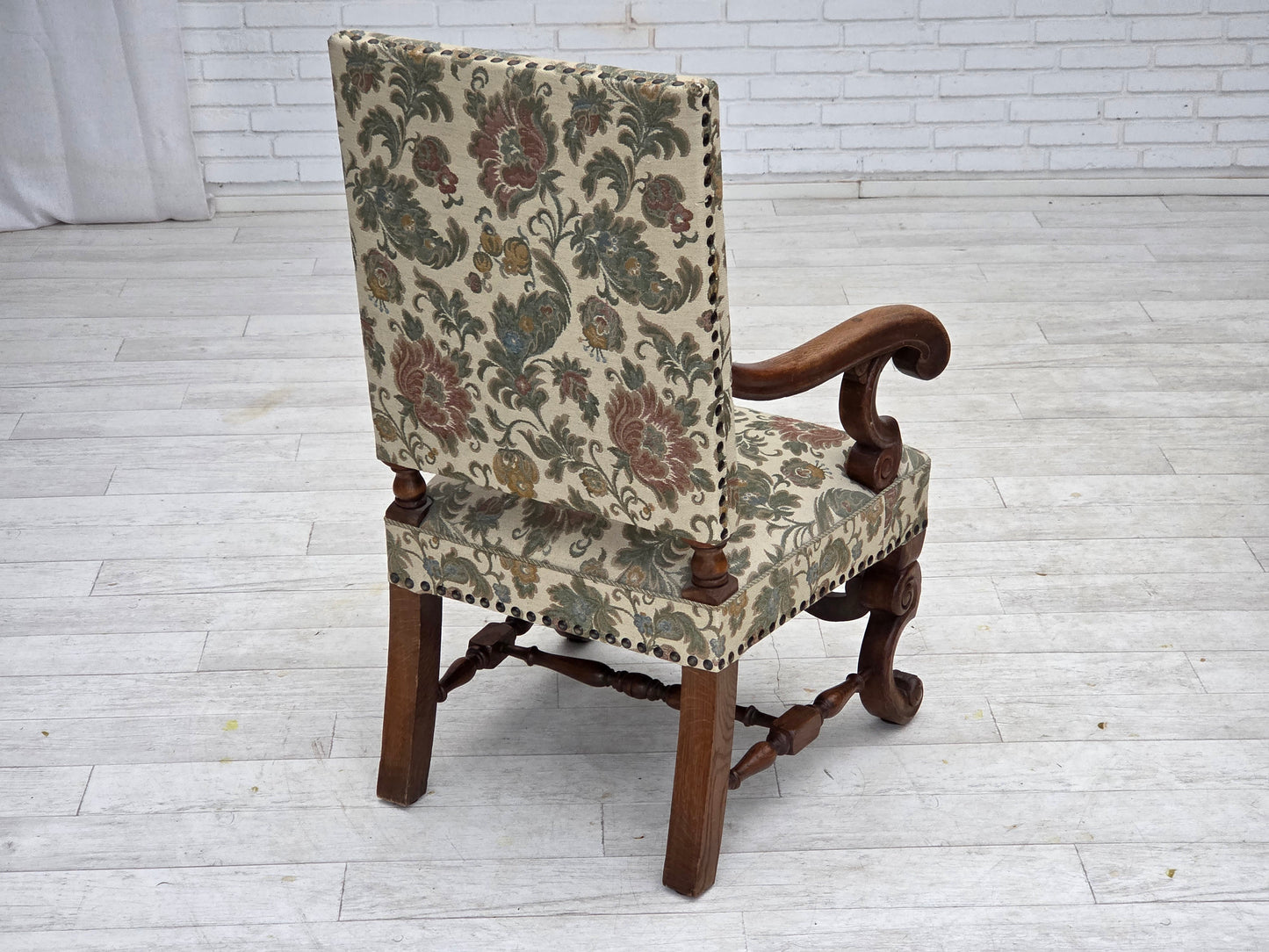 1950s, Scandinavian highback armchair, furniture fabric, hand carved oak wood.
