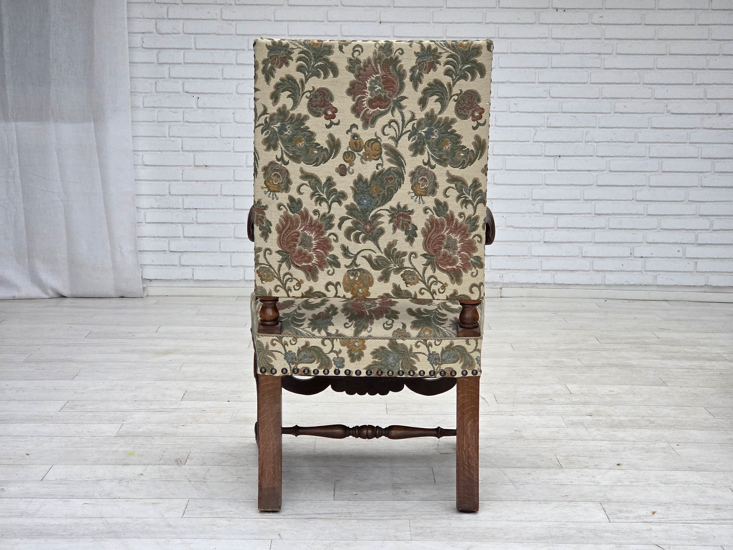 1950s, Scandinavian highback armchair, furniture fabric, hand carved oak wood.