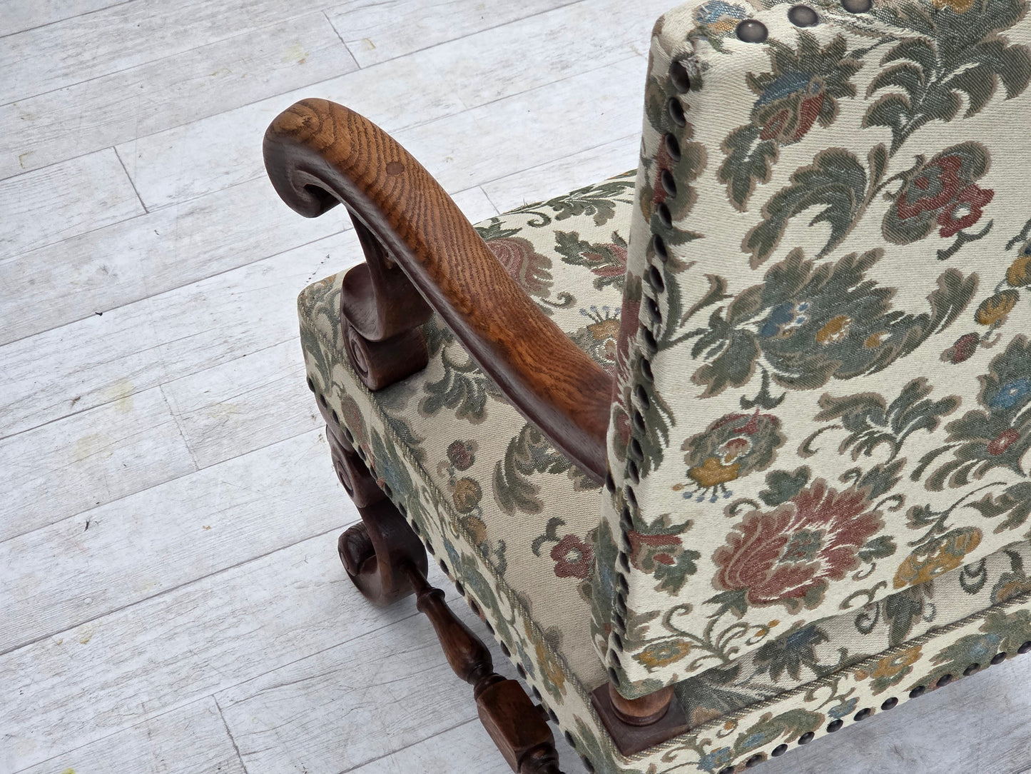 1950s, Scandinavian highback armchair, furniture fabric, hand carved oak wood.
