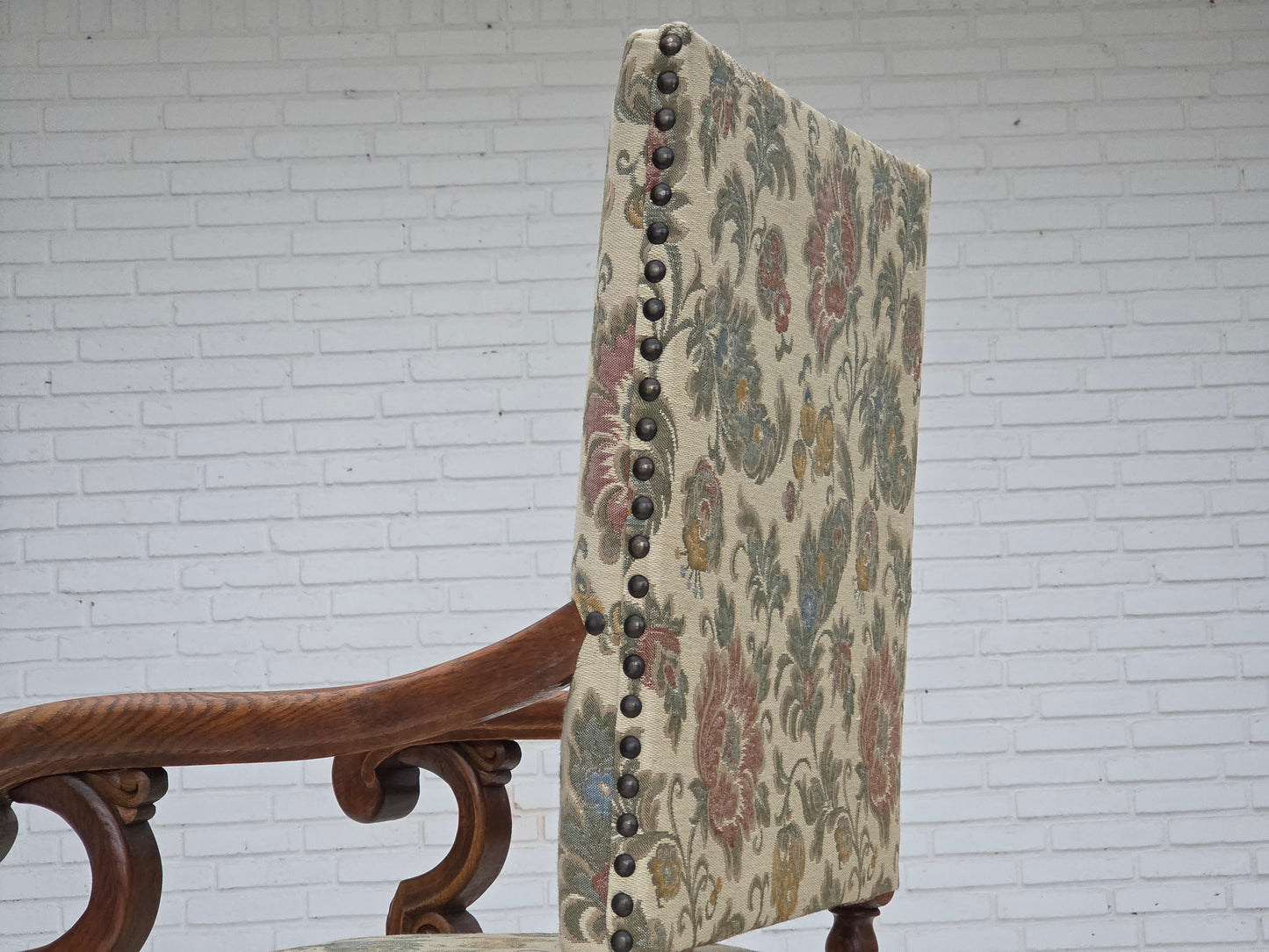 1950s, Scandinavian highback armchair, furniture fabric, hand carved oak wood.