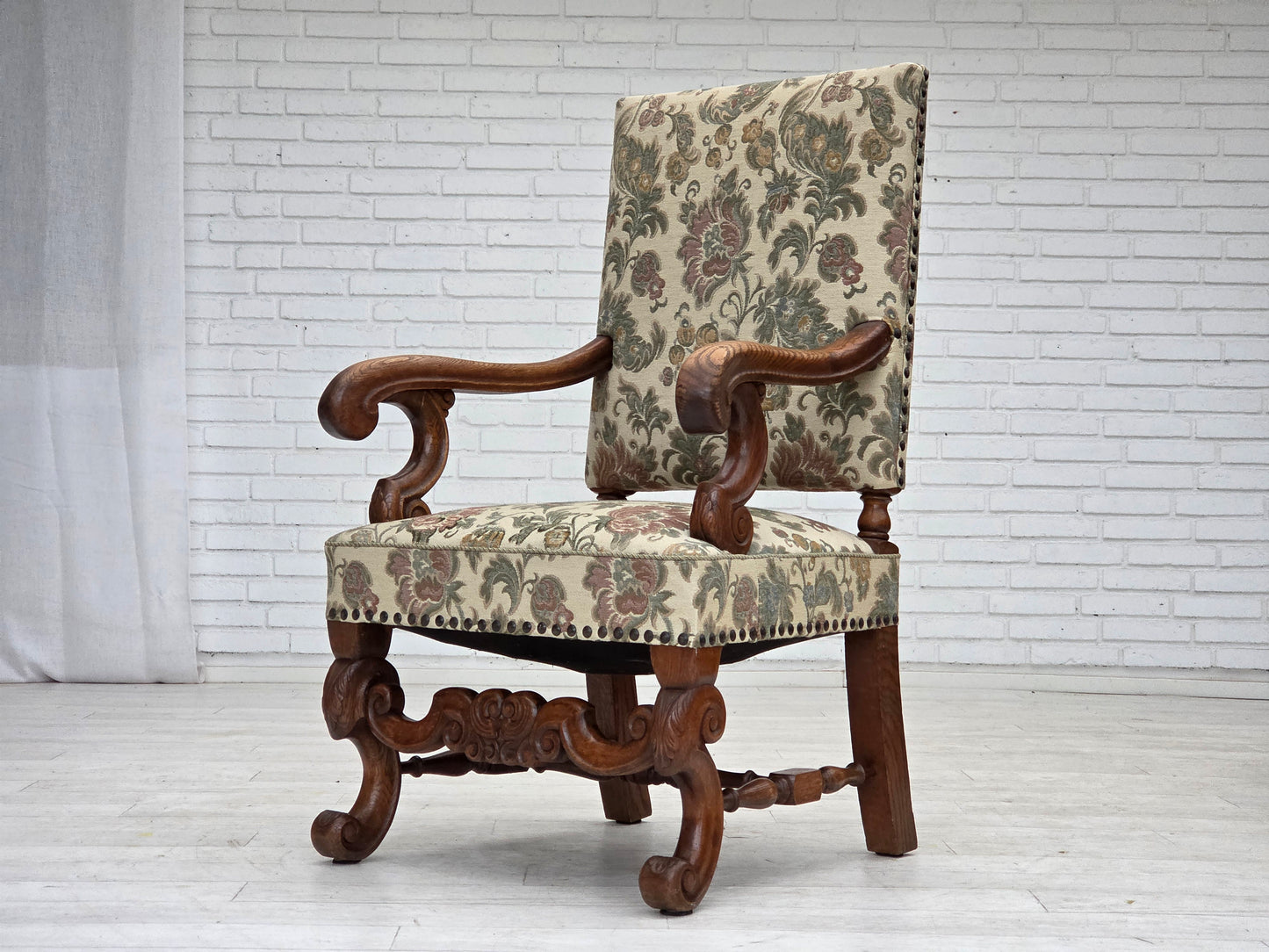1950s, Scandinavian highback armchair, furniture fabric, hand carved oak wood.