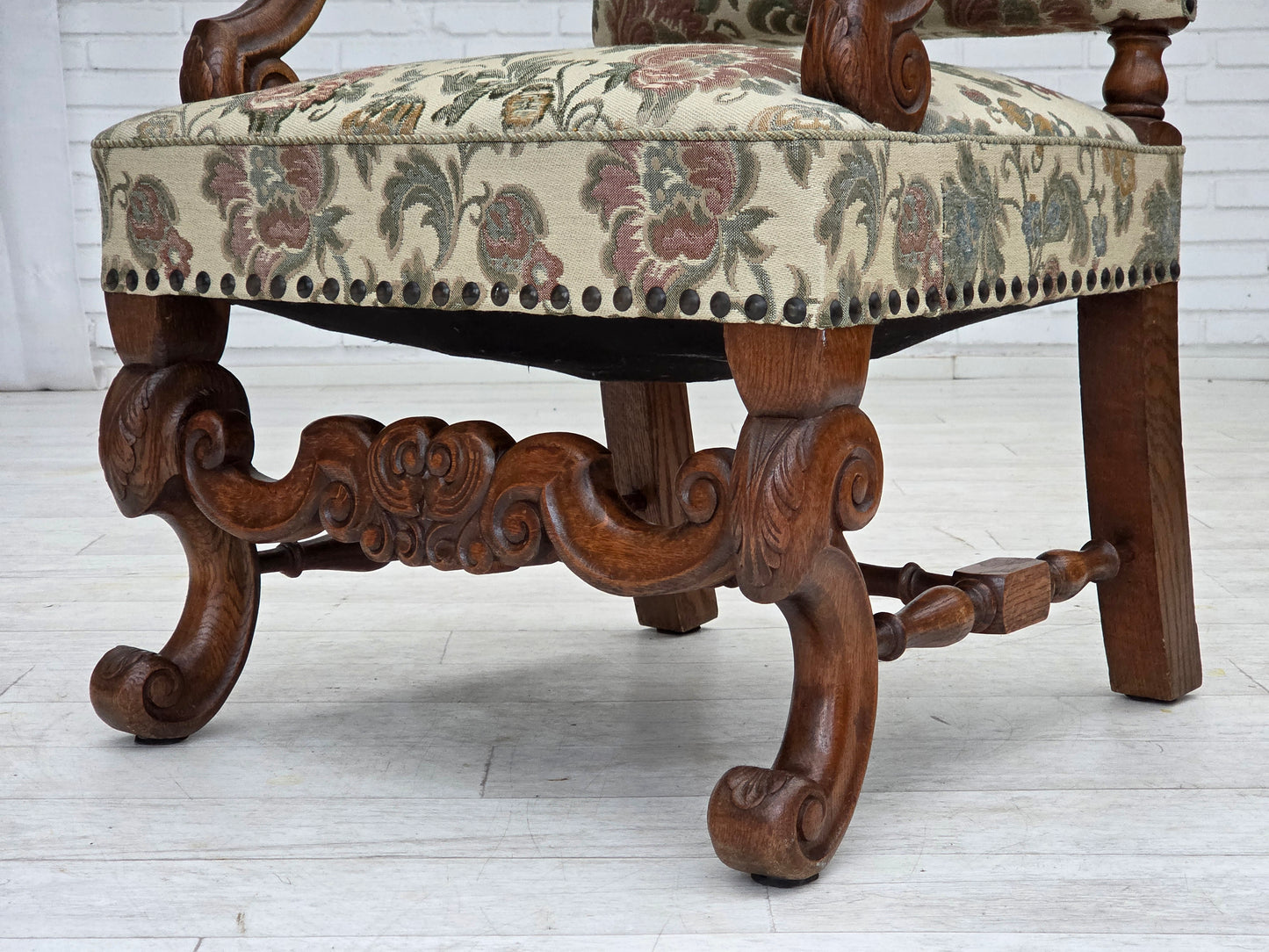 1950s, Scandinavian highback armchair, furniture fabric, hand carved oak wood.