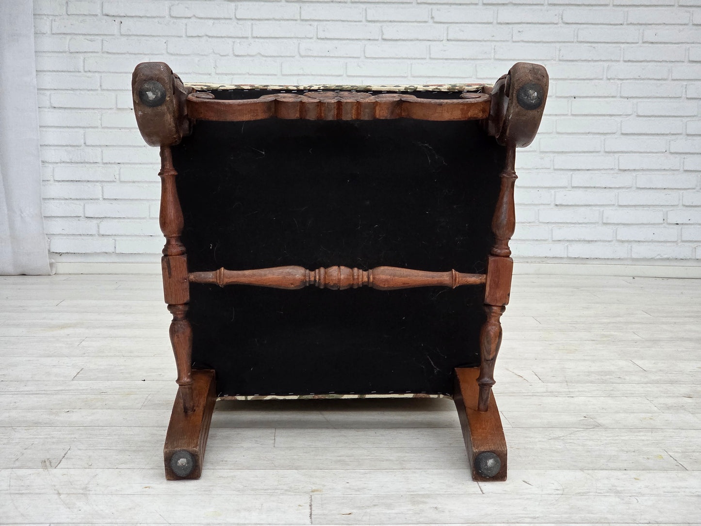 1950s, Scandinavian highback armchair, furniture fabric, hand carved oak wood.
