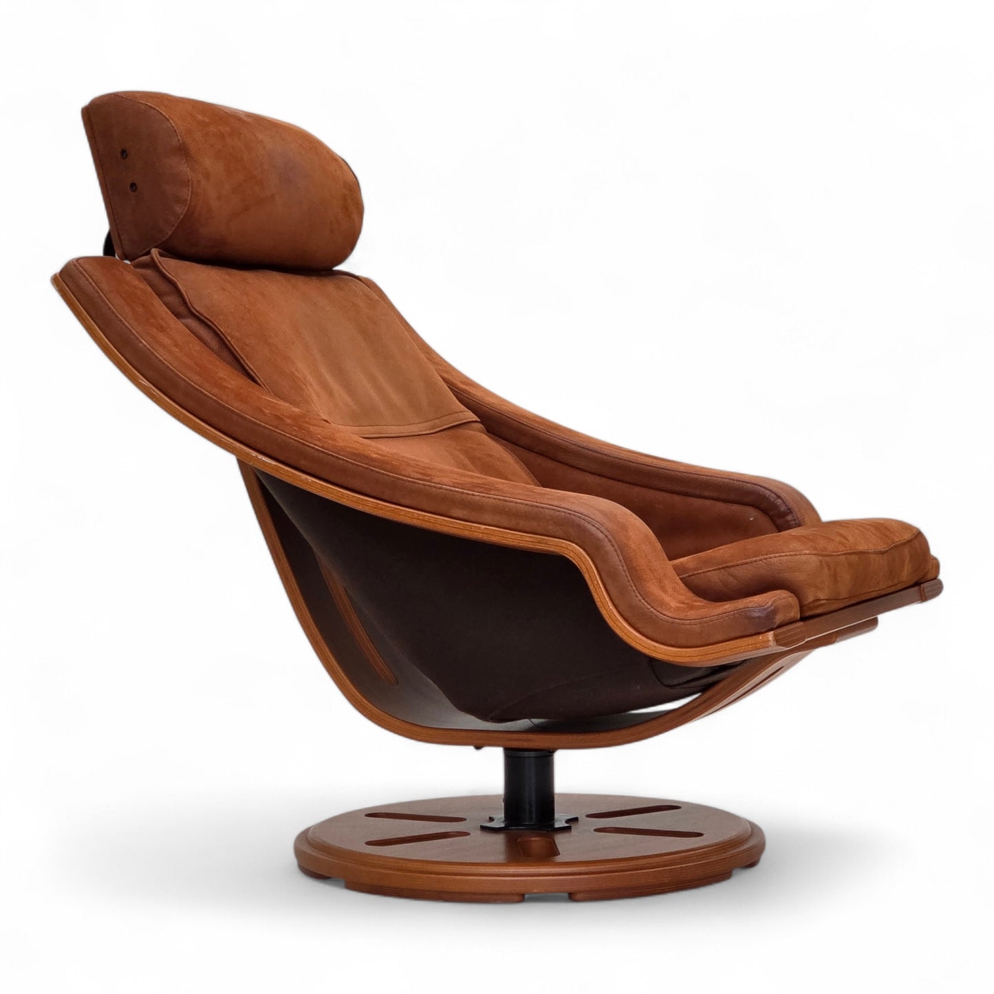 1980s, Swedish swivel armchair, nubuck leather, canvas, bent beech wood.