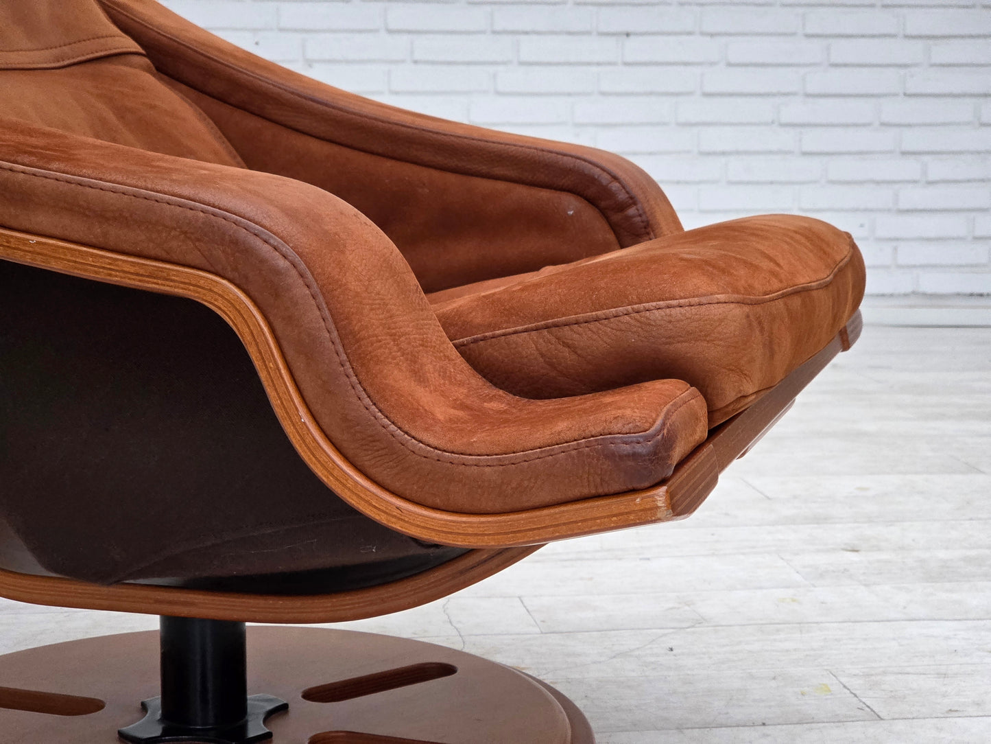 1980s, Swedish swivel armchair, nubuck leather, canvas, bent beech wood.