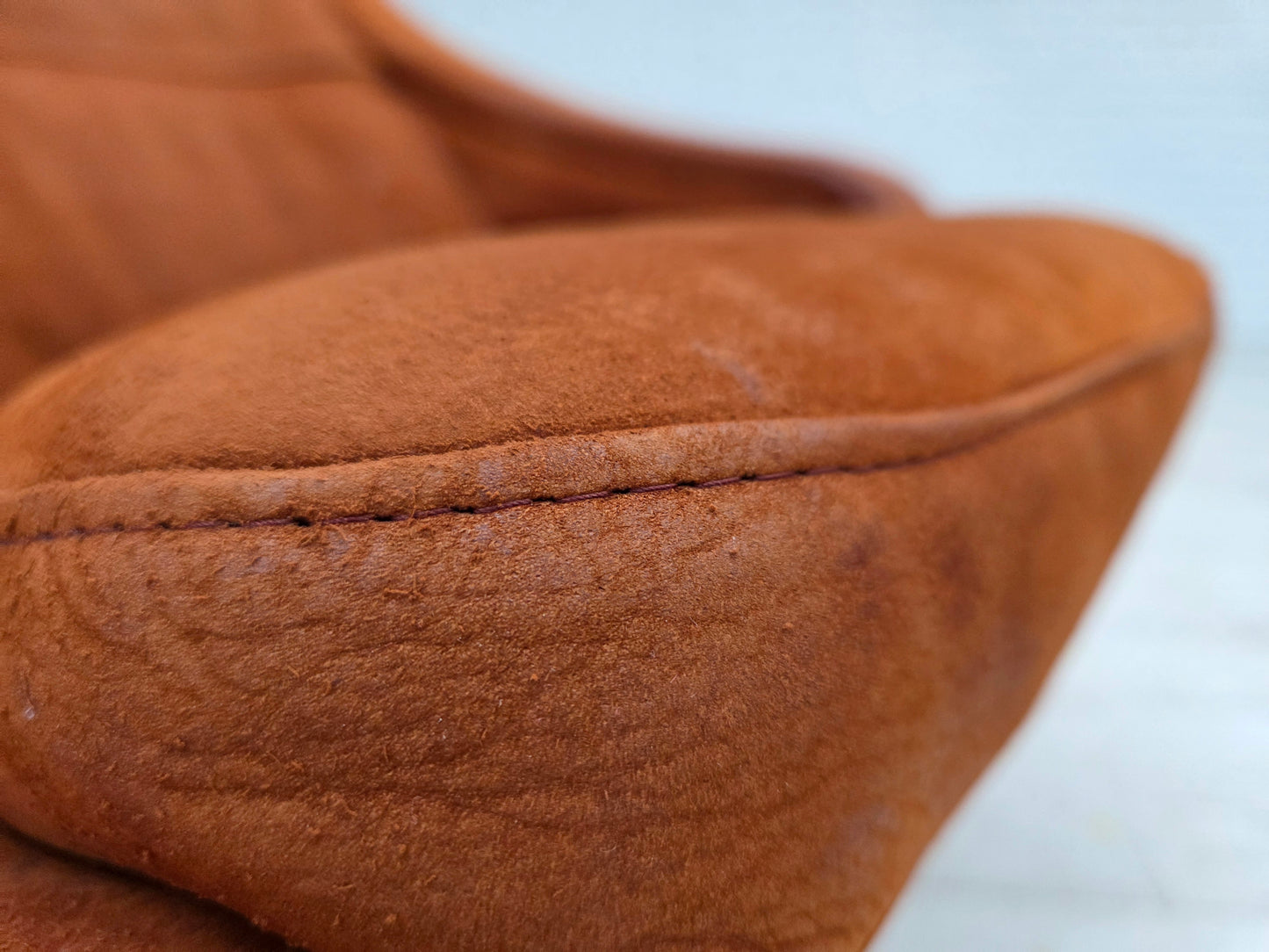 1980s, Swedish swivel armchair, nubuck leather, canvas, bent beech wood.
