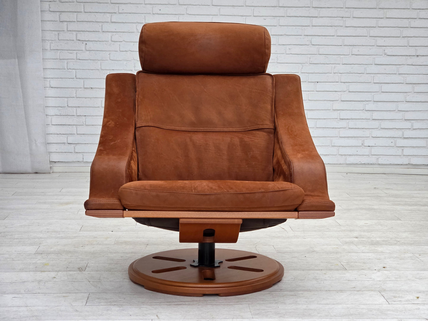 1980s, Swedish swivel armchair, nubuck leather, canvas, bent beech wood.