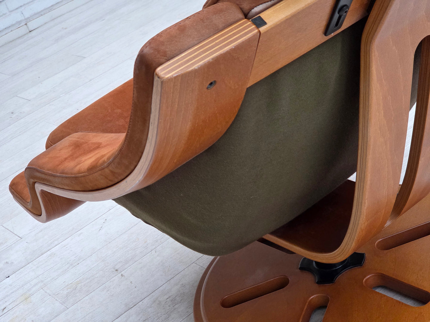 1980s, Swedish swivel armchair, nubuck leather, canvas, bent beech wood.