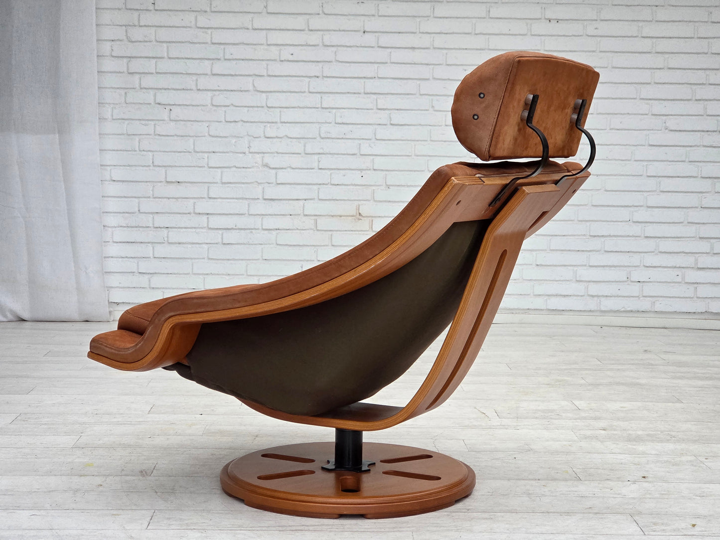 1980s, Swedish swivel armchair, nubuck leather, canvas, bent beech wood.