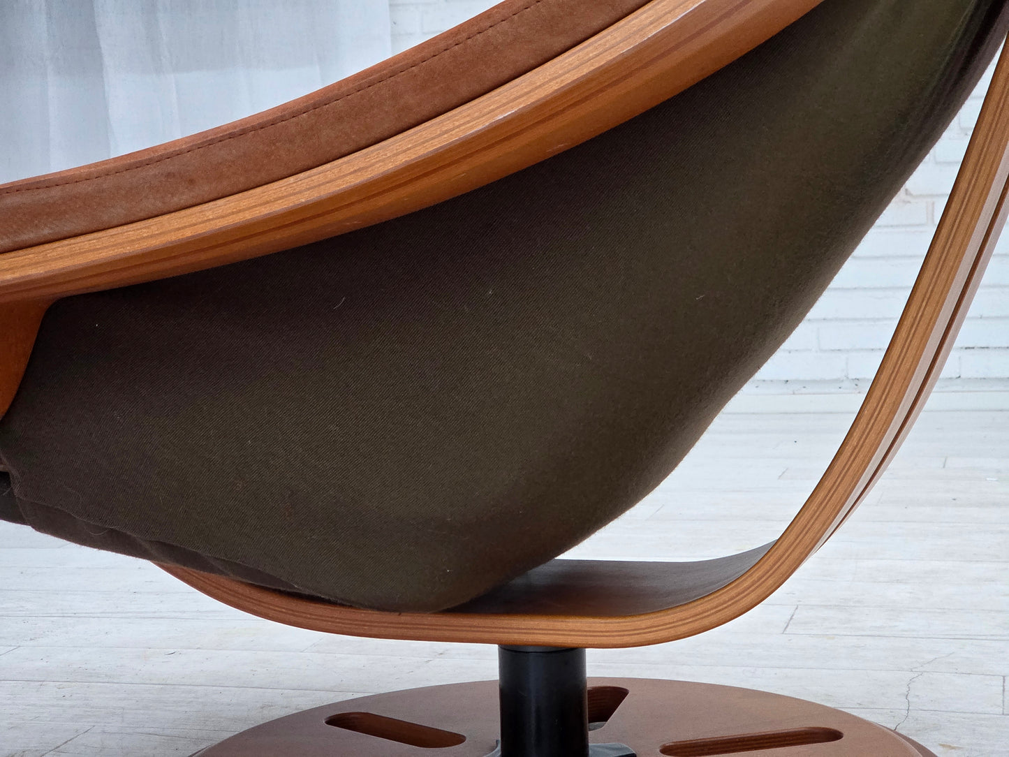 1980s, Swedish swivel armchair, nubuck leather, canvas, bent beech wood.