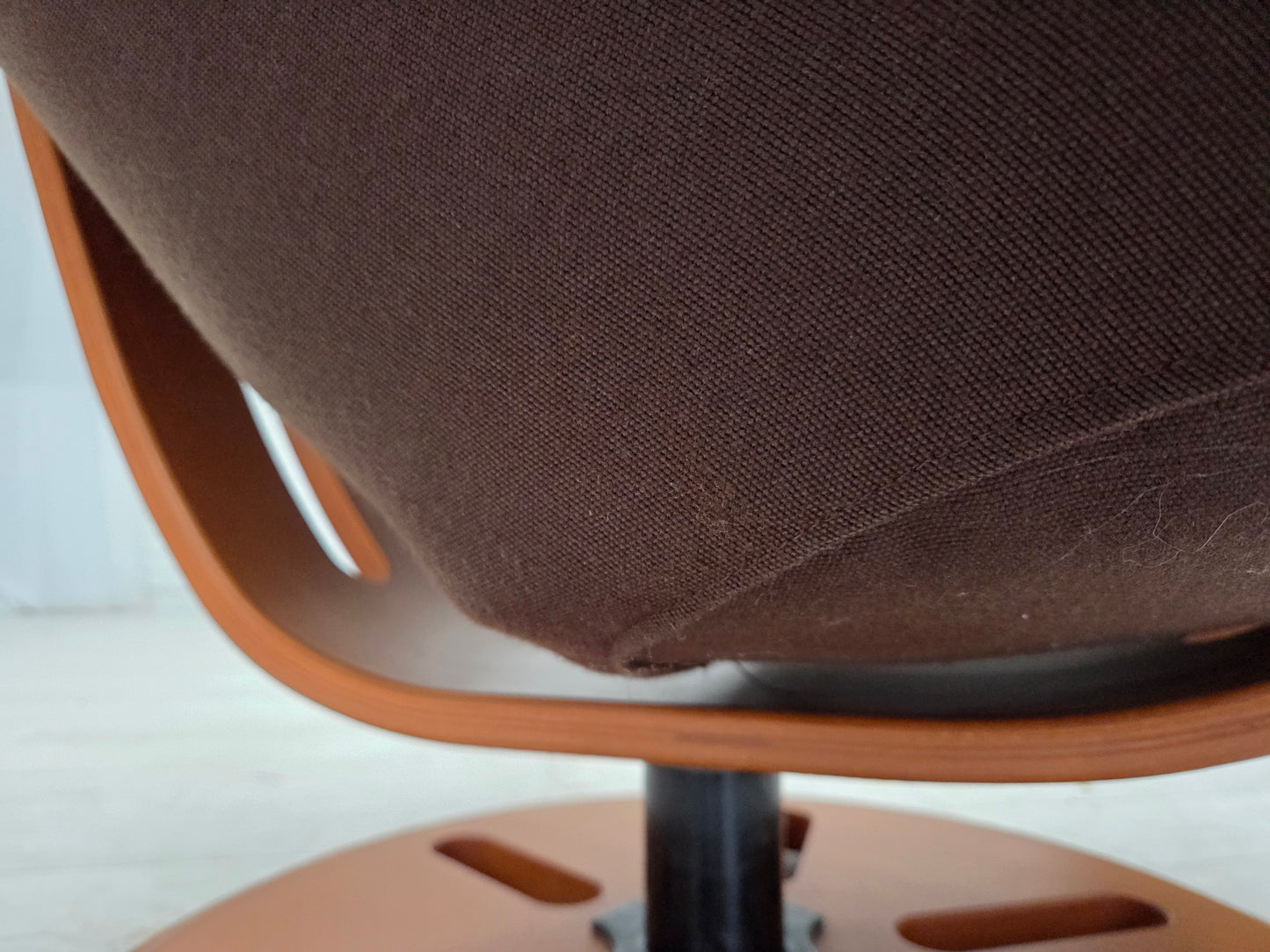1980s, Swedish swivel armchair, nubuck leather, canvas, bent beech wood.