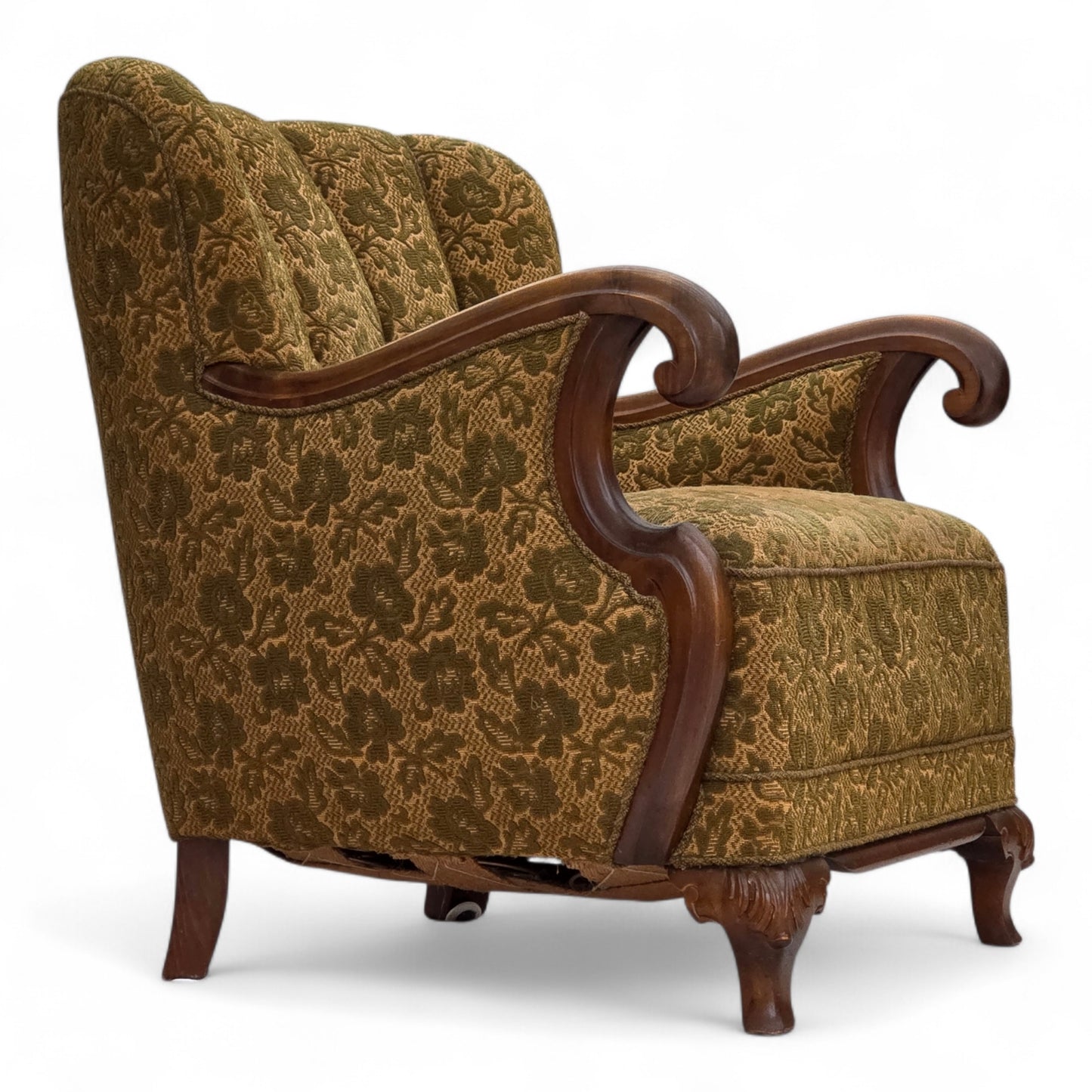 1950s, Danish armchair, furniture wool, hand carved oak wood.