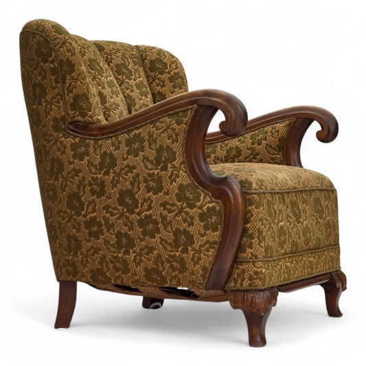 1950s, Danish armchair, furniture wool, hand carved oak wood.