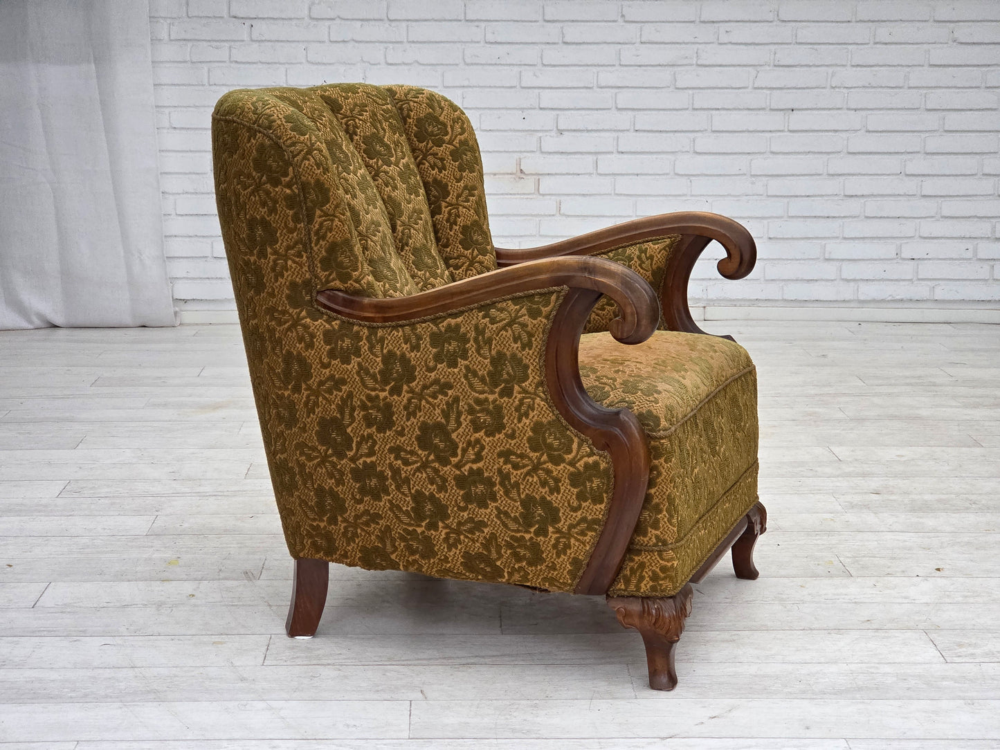 1950s, Danish armchair, furniture wool, hand carved oak wood.