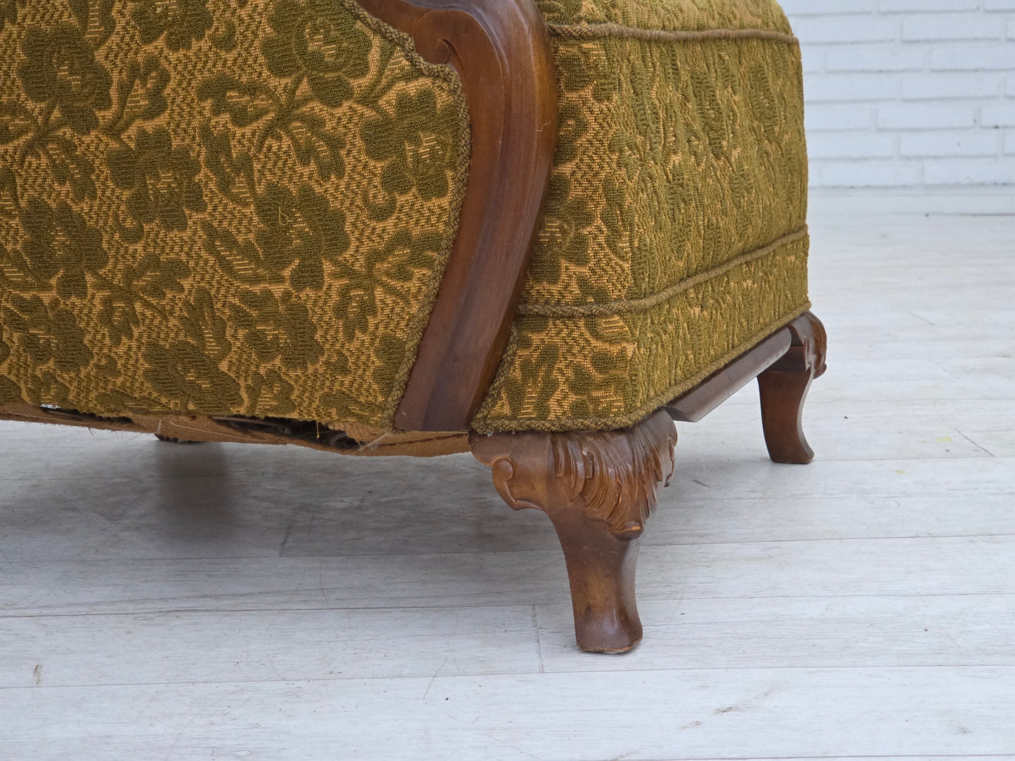 1950s, Danish armchair, furniture wool, hand carved oak wood.