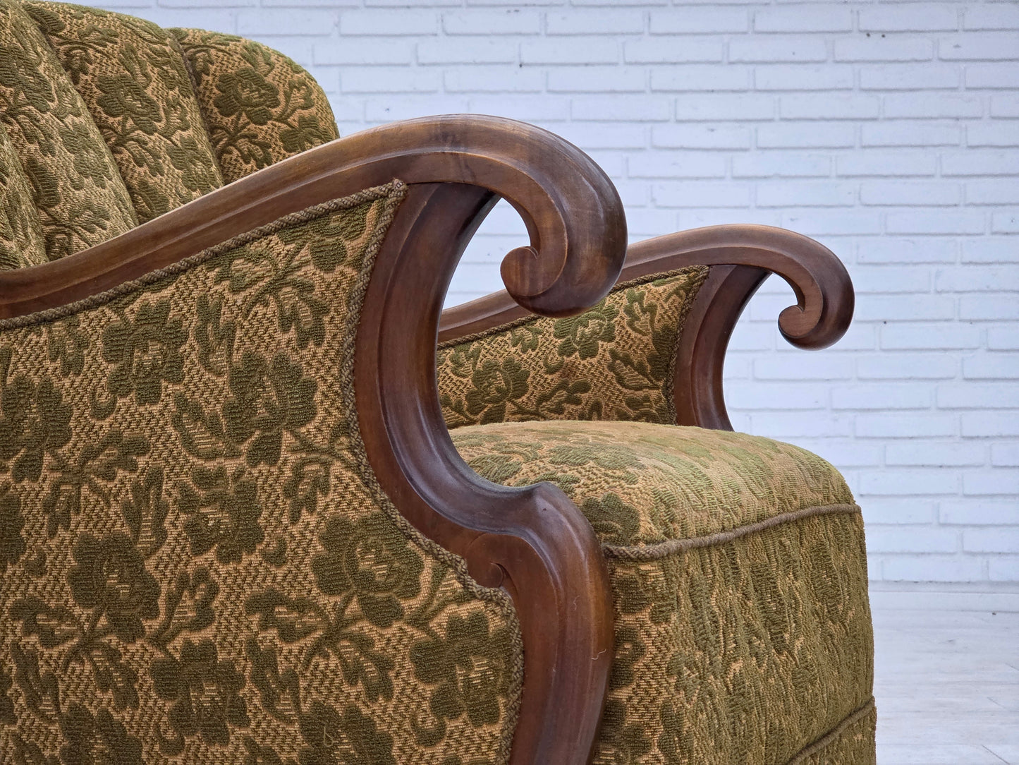 1950s, Danish armchair, furniture wool, hand carved oak wood.