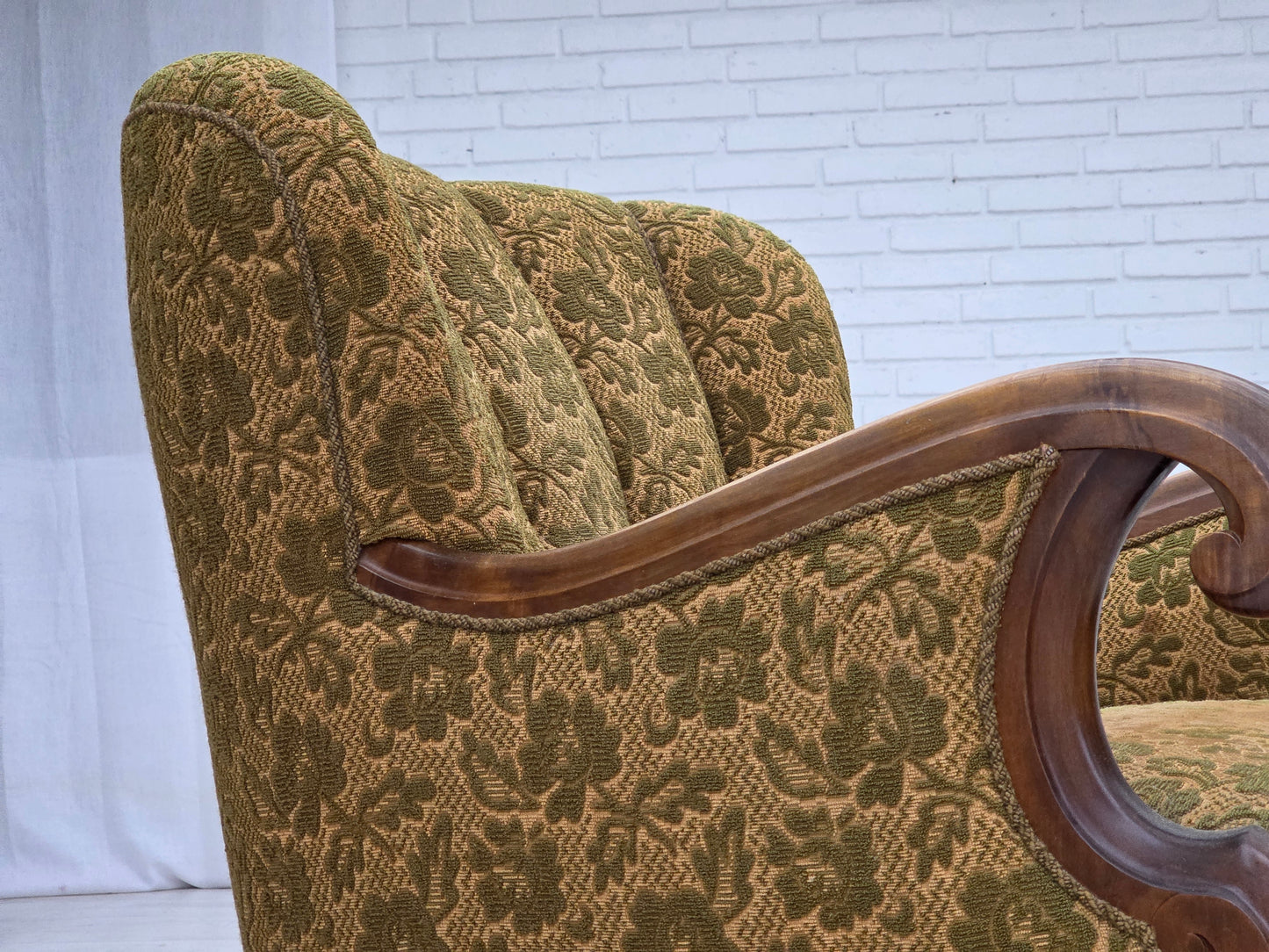 1950s, Danish armchair, furniture wool, hand carved oak wood.