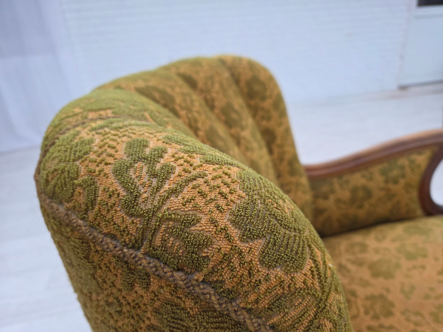 1950s, Danish armchair, furniture wool, hand carved oak wood.